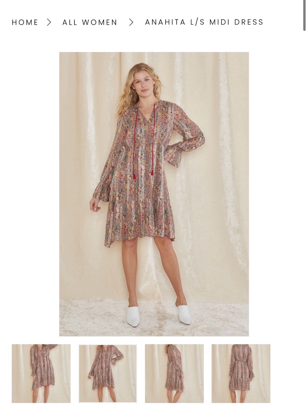 RAGA Anthropology Brown Floral Boho V-Neck Dress with Red Tassel